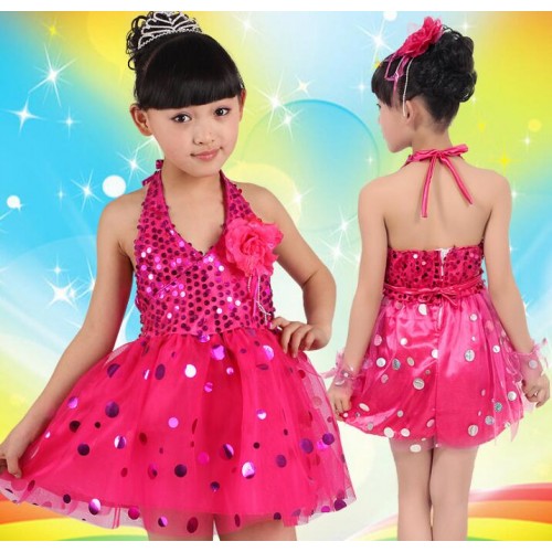 Red yellow Childrens Performance Stage Latin Jazz Salsa Ballroom Dance Sequins Tutu Dress Girls Kids Dancewear Costumes Dress